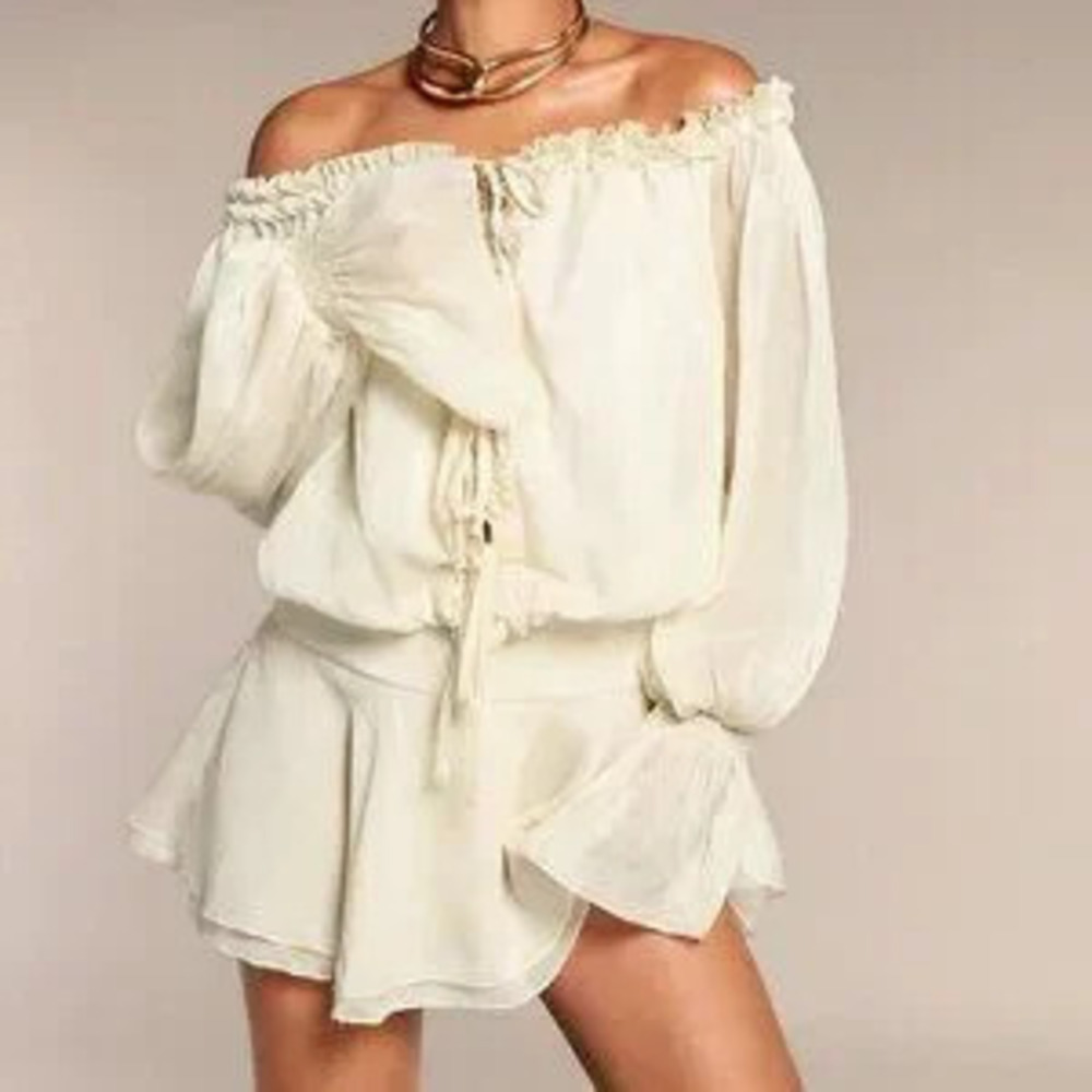 ZARA Khaki Casual Women's Off Shoulder Flare Sleeve Ruffle Hem Dress